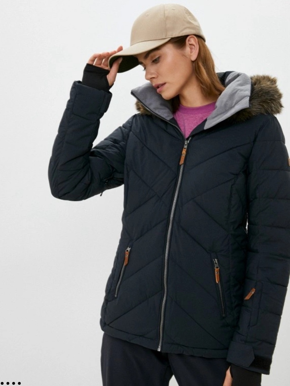 Roxy Black Quilted Puffer Jacket with Faux Fur Trim